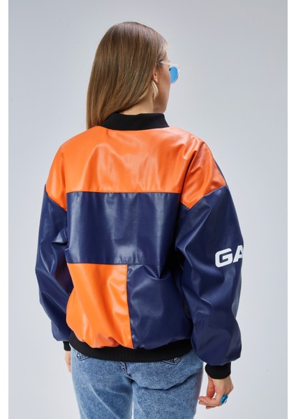 Kadın Oversize Baskılı Deri Motorcu Montu Fermuarlı Yarışçı Ceket Astarlı Bomber Kolej Mont