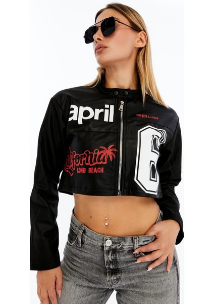 Kadın Crop Deri Ceket – Renkli Baskılı Motorcu Stil Mont - Kısa Ceket Çok Renkli Mont - Hakim Yaka