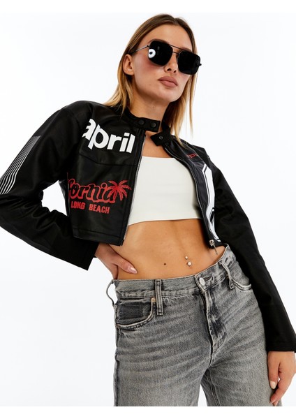Kadın Crop Deri Ceket – Renkli Baskılı Motorcu Stil Mont - Kısa Ceket Çok Renkli Mont - Hakim Yaka fiyatları