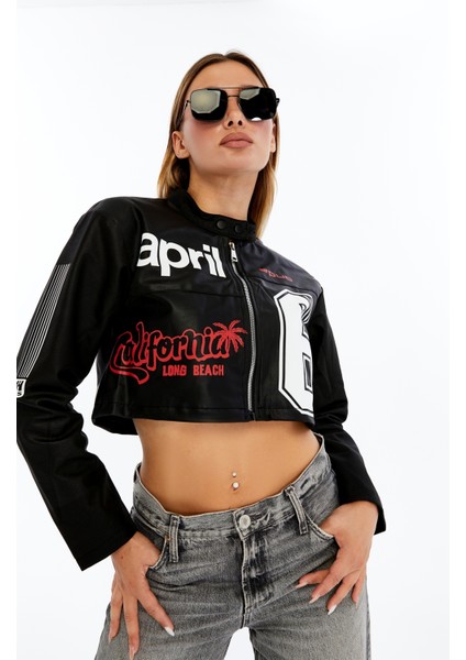 Kadın Crop Deri Ceket – Renkli Baskılı Motorcu Stil Mont - Kısa Ceket Çok Renkli Mont - Hakim Yaka modelleri