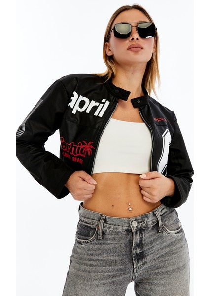 Kadın Crop Deri Ceket – Renkli Baskılı Motorcu Stil Mont - Kısa Ceket Çok Renkli Mont - Hakim Yaka fırsatları