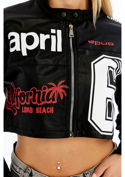 Kadın Crop Deri Ceket – Renkli Baskılı Motorcu Stil Mont - Kısa Ceket Çok Renkli Mont - Hakim Yaka indirimleri