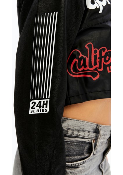 Kadın Crop Deri Ceket – Renkli Baskılı Motorcu Stil Mont - Kısa Ceket Çok Renkli Mont - Hakim Yaka