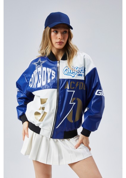 Kadın Oversize Baskılı Deri Motorcu Montu Fermuarlı Yarışçı Ceket Astarlı Bomber Kolej Mont