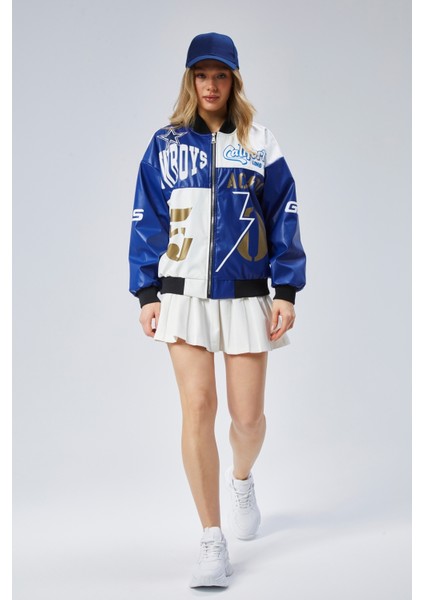 Kadın Oversize Baskılı Deri Motorcu Montu Fermuarlı Yarışçı Ceket Astarlı Bomber Kolej Mont fiyatları