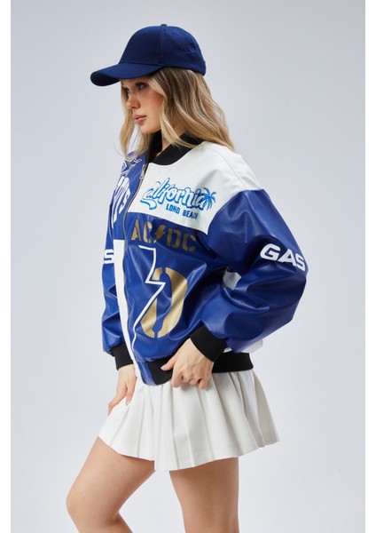 Kadın Oversize Baskılı Deri Motorcu Montu Fermuarlı Yarışçı Ceket Astarlı Bomber Kolej Mont modelleri