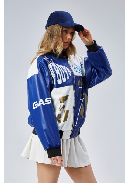 Kadın Oversize Baskılı Deri Motorcu Montu Fermuarlı Yarışçı Ceket Astarlı Bomber Kolej Mont fırsatları