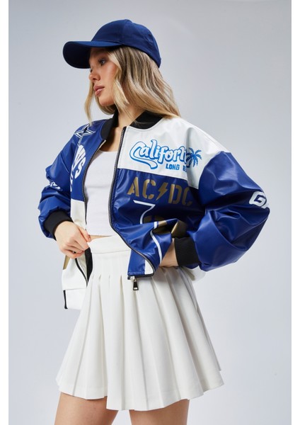 Kadın Oversize Baskılı Deri Motorcu Montu Fermuarlı Yarışçı Ceket Astarlı Bomber Kolej Mont indirimleri