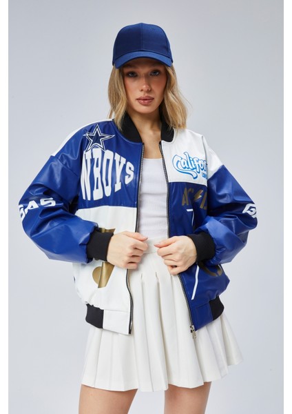 Kadın Oversize Baskılı Deri Motorcu Montu Fermuarlı Yarışçı Ceket Astarlı Bomber Kolej Mont