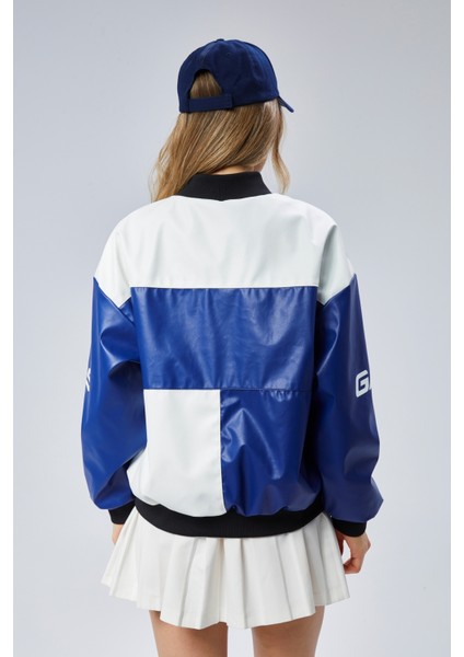 Kadın Oversize Baskılı Deri Motorcu Montu Fermuarlı Yarışçı Ceket Astarlı Bomber Kolej Mont