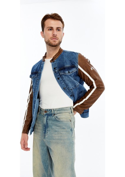 Erkek Standart Kot Ceket Kolları Deri Niş Kompakt Tasarım Mont Günlük Hakim Yaka Kullanışlı