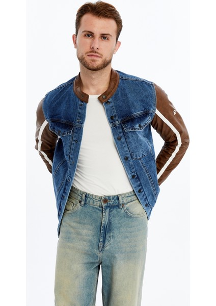 Erkek Standart Kot Ceket Kolları Deri Niş Kompakt Tasarım Mont Günlük Hakim Yaka Kullanışlı