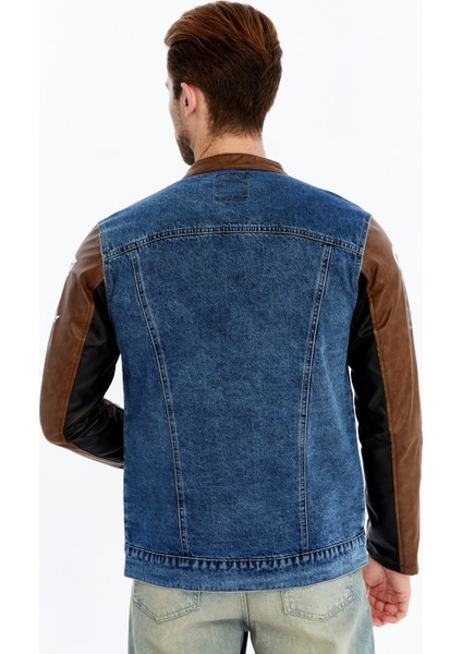 Erkek Standart Kot Ceket Kolları Deri Niş Kompakt Tasarım Mont Günlük Hakim Yaka Kullanışlı