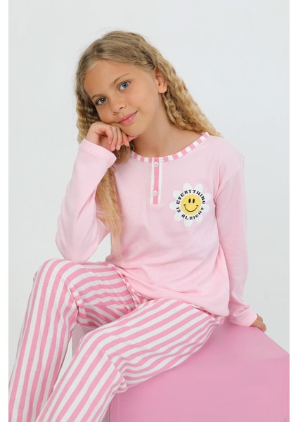 Kız Çocuk Uzun Kollu %100 Pamuklu Düğme Detaylı Pijama Takımı Alright