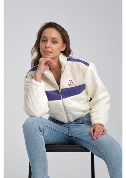 Kadın Oversize Peluş Mevsimlik Hırka Baskılı Ceket Puf Deri Garnili Motorcu Yarışçı Mont Yünlü Ceket