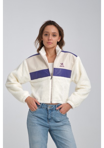 Kadın Oversize Peluş Mevsimlik Hırka Baskılı Ceket Puf Deri Garnili Motorcu Yarışçı Mont Yünlü Ceket