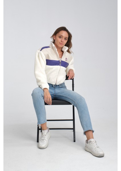 Kadın Oversize Peluş Mevsimlik Hırka Baskılı Ceket Puf Deri Garnili Motorcu Yarışçı Mont Yünlü Ceket