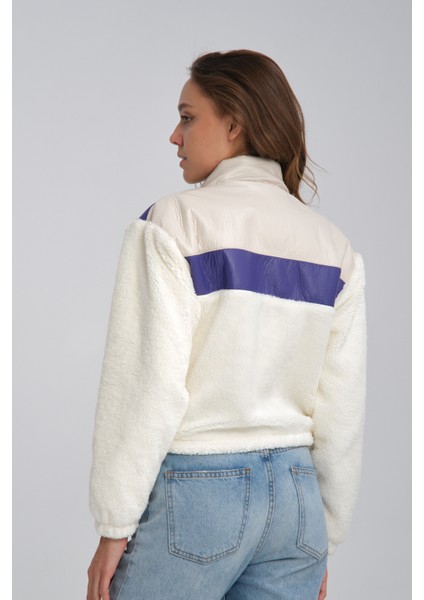 Kadın Oversize Peluş Mevsimlik Hırka Baskılı Ceket Puf Deri Garnili Motorcu Yarışçı Mont Yünlü Ceket