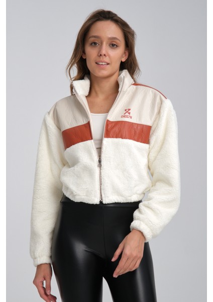 Kadın Oversize Peluş Mevsimlik Hırka Baskılı Ceket Puf Deri Garnili Motorcu Yarışçı Mont Yünlü Ceket