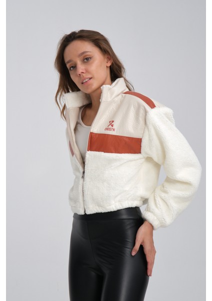 Kadın Oversize Peluş Mevsimlik Hırka Baskılı Ceket Puf Deri Garnili Motorcu Yarışçı Mont Yünlü Ceket