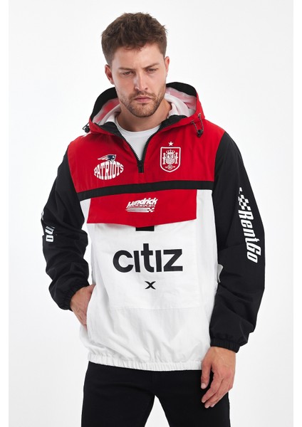 Erkek Baskılı Iki Renk Fermuarlı Motorcu Yağmurluk Su Geçirmez Yarışçı Ceket Baskılı Kolej Mont