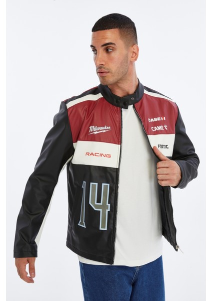 Erkek Oversize Şeritli Baskılı Deri Ceket Hakim Yaka Bomber Motorcu Montu Yarışçı Ceketi