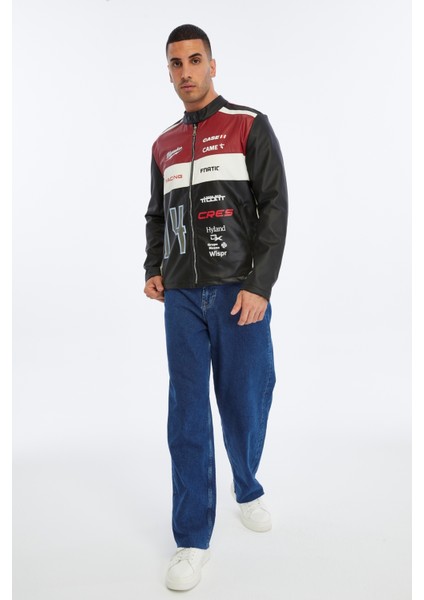 Erkek Oversize Şeritli Baskılı Deri Ceket Hakim Yaka Bomber Motorcu Montu Yarışçı Ceketi fiyatları