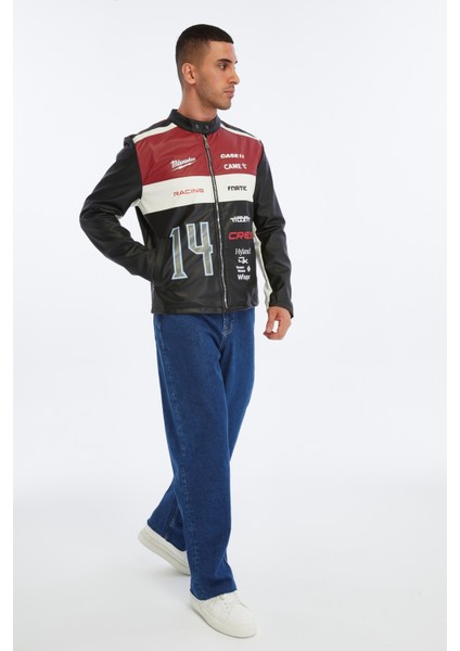 Erkek Oversize Şeritli Baskılı Deri Ceket Hakim Yaka Bomber Motorcu Montu Yarışçı Ceketi modelleri