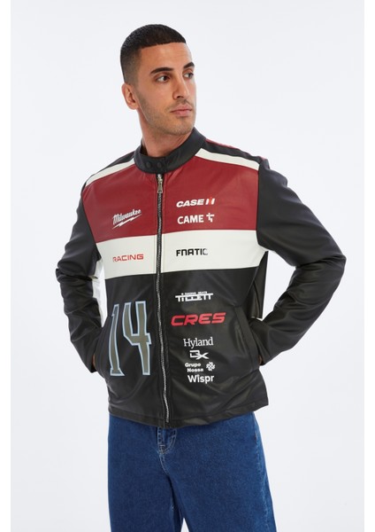 Erkek Oversize Şeritli Baskılı Deri Ceket Hakim Yaka Bomber Motorcu Montu Yarışçı Ceketi fırsatları