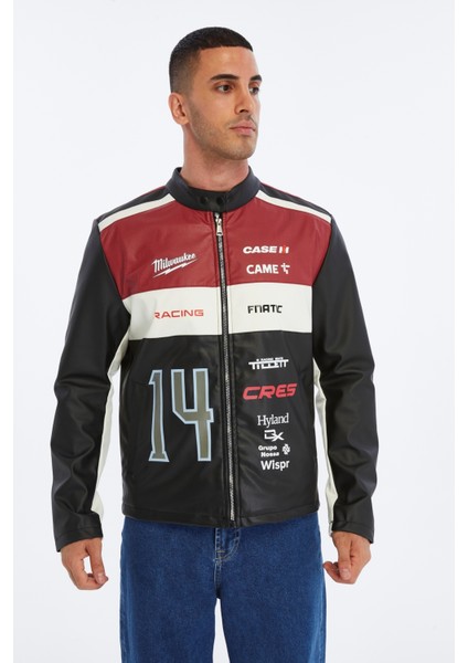 Erkek Oversize Şeritli Baskılı Deri Ceket Hakim Yaka Bomber Motorcu Montu Yarışçı Ceketi indirimleri