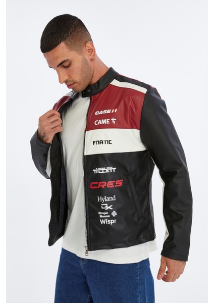 Erkek Oversize Şeritli Baskılı Deri Ceket Hakim Yaka Bomber Motorcu Montu Yarışçı Ceketi