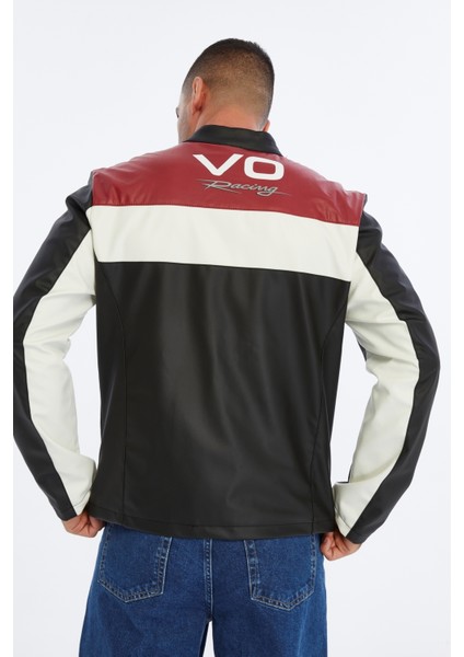 Erkek Oversize Şeritli Baskılı Deri Ceket Hakim Yaka Bomber Motorcu Montu Yarışçı Ceketi