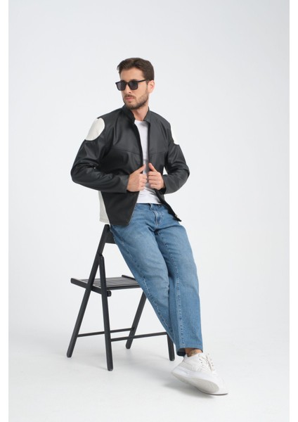 Erkek Fit Kalıp Motorcu Mont Düz Yarışçı Ceket Kolej Mont