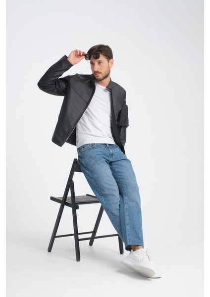 Erkek Fit Kalıp Motorcu Mont Düz Yarışçı Ceket Kolej Mont