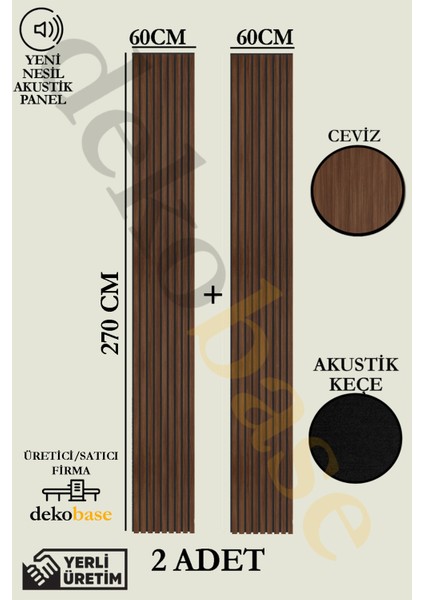 Ceviz (2 Adet) 60x270 cm Yeni Nesil Akustik Ahşap Duvar Paneli