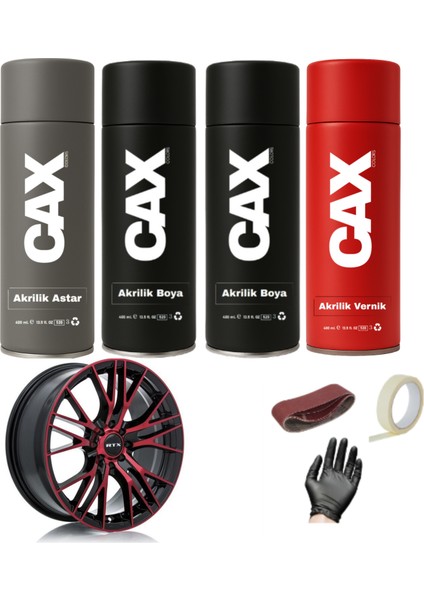 Metalik Bordo Araba Jant Sprey Akrilik Özel Yapım Sprey Boya Seti 400 ml Bant-Zımpara-Eldiven