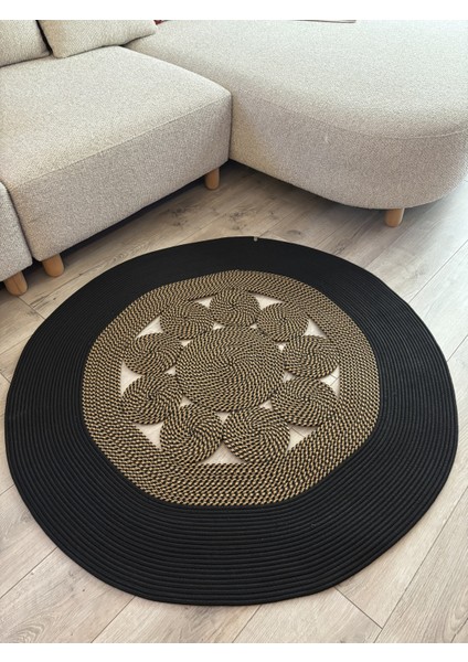 Jutella Hasır Krem Ortası Kurabiyeli Jüt Hasır Yuvarlak Modern Salon Banyo Kilim Halı Paspas Yolluk