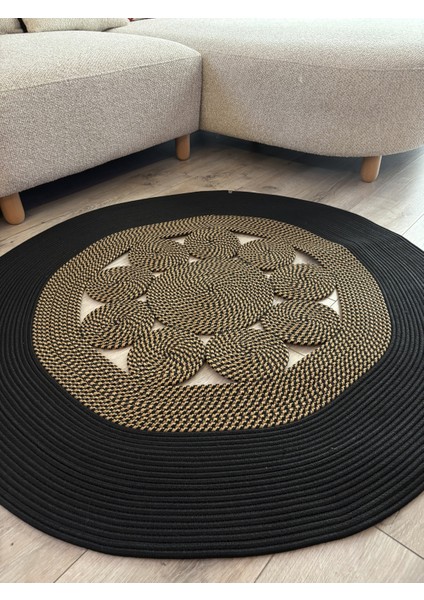 Jutella Hasır Krem Ortası Kurabiyeli Jüt Hasır Yuvarlak Modern Salon Banyo Kilim Halı Paspas Yolluk