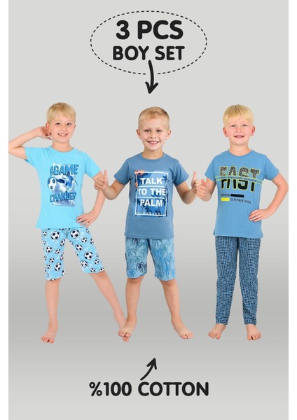 Erkek Çocuk 3'lü %100 Pamuklu 10-11-12 Yaş Pijama Takımı MODEL:104