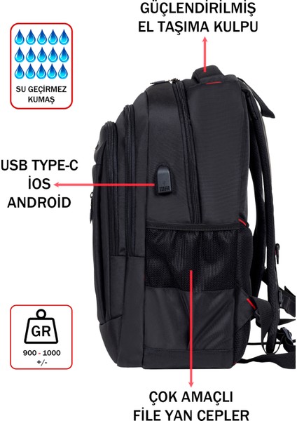 Okul ve Günlük Siyah Erkek Sırt Çantası USB Type-C Aparat Ortopedik Sırt ve Omuz Askısı 14-15,6 Inç fırsatları