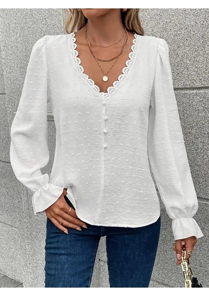 Kadın Uzun Kollu V Yakalı Önden Düğmeli Bluz modelleri