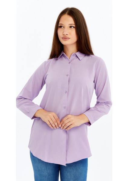 Kadın Uzun Kollu Düğmeli Basic Gömlek – Mor Rahat Kalıp Günlük & Ofis Şıklığı