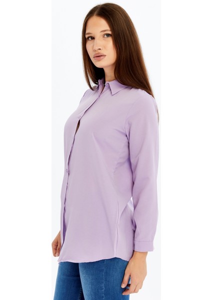 Kadın Uzun Kollu Düğmeli Basic Gömlek – Mor Rahat Kalıp Günlük & Ofis Şıklığı modelleri