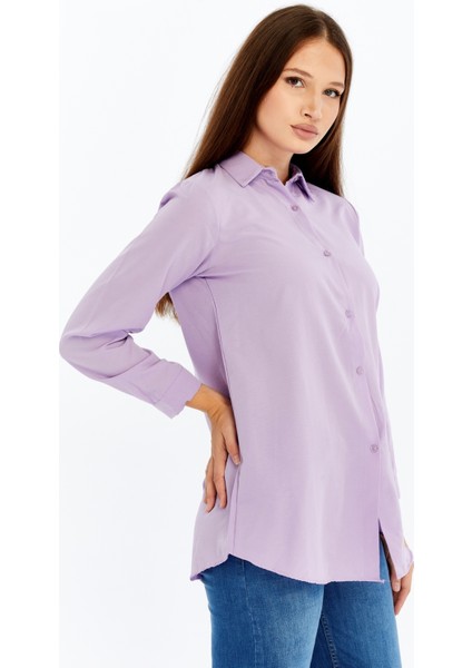 Kadın Uzun Kollu Düğmeli Basic Gömlek – Mor Rahat Kalıp Günlük & Ofis Şıklığı fırsatları