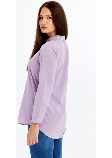 Kadın Uzun Kollu Düğmeli Basic Gömlek – Mor Rahat Kalıp Günlük & Ofis Şıklığı indirimleri