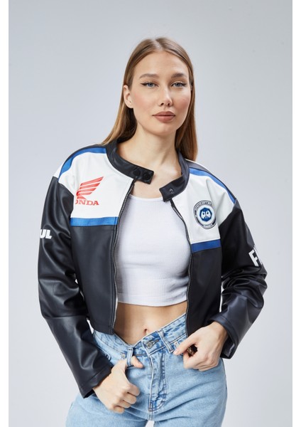 Kadın Oversize Baskılı Deri Şeritli Motorcu Montu Kısa Fermuarlı Yarışçı Ceketi Bomber Kolej Mont