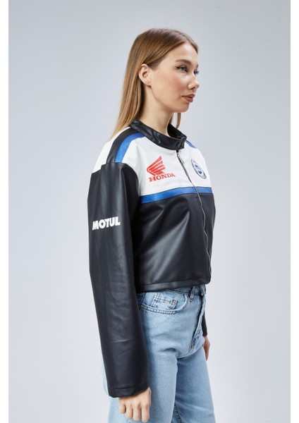 Kadın Oversize Baskılı Deri Şeritli Motorcu Montu Kısa Fermuarlı Yarışçı Ceketi Bomber Kolej Mont modelleri