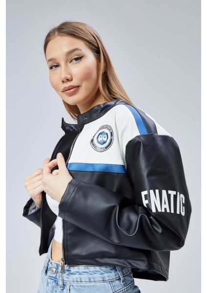 Kadın Oversize Baskılı Deri Şeritli Motorcu Montu Kısa Fermuarlı Yarışçı Ceketi Bomber Kolej Mont fırsatları