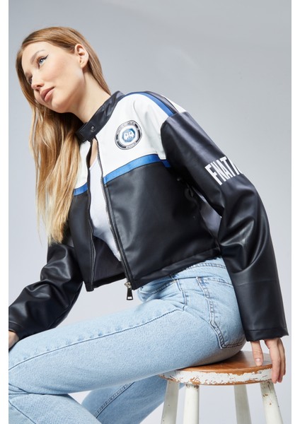 Kadın Oversize Baskılı Deri Şeritli Motorcu Montu Kısa Fermuarlı Yarışçı Ceketi Bomber Kolej Mont