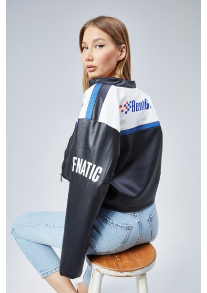 Kadın Oversize Baskılı Deri Şeritli Motorcu Montu Kısa Fermuarlı Yarışçı Ceketi Bomber Kolej Mont